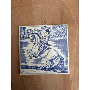 Vintage Blue & White Horse Rider Ceramic Tile Wall Hanging Made in Austria